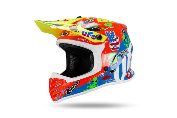 Casco motocross da bambino Korey, giallo, rosso e blu - Ufo Plast HE13600-BU