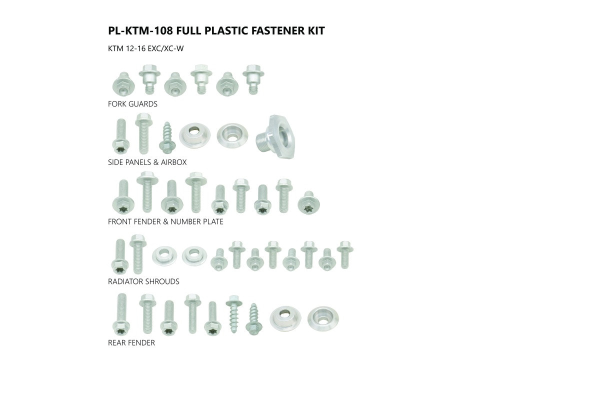 Fastener kit for Ktm EXC 125 - EXC 200 - EXC 250 - EXC 300 - EXC-F 350 - XC-W 125 - EXC 250 TPI - XC-W 250 - EXC 300 TPI - X...