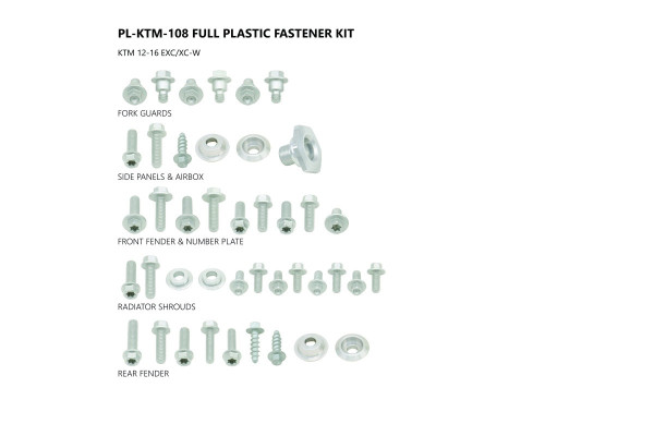 Fastener kit for Ktm EXC 125 - EXC 200 - EXC 250 - EXC 300 - EXC-F 350 - XC-W 125 - EXC 250 TPI - XC-W 250 - EXC 300 TPI - X...