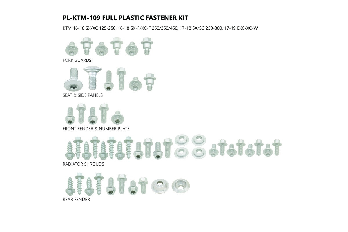 Fastener kit for Ktm SX 250 - XC 125 - XC-F 350 - XC 300 - XC-W 300 - XC 250 - XC-F 250 - XC-W 250 - XC-W 150 - XC 150 - XC-...