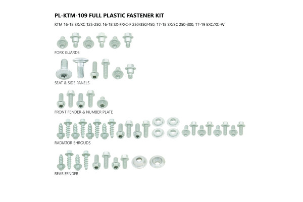 Fastener kit for Ktm SX 250 - XC 125 - XC-F 350 - XC 300 - XC-W 300 - XC 250 - XC-F 250 - XC-W 250 - XC-W 150 - XC 150 - XC-...